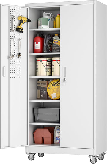 71" White Metal Storage Cabinet with Wheels and Pegboard | 16"D x 32"W x 71"H steel cabinet; lockable doors, 5