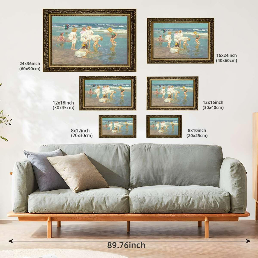 Framed Vintage Wall Art Children Playing at the Beach Poster Canvas Print Oil Paintings Reproduction World Classics