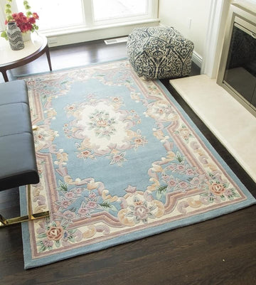 Handmade Area Rug Aubusson Design, Luxury Wool Crafted Non- Slip Bedroom Rug, Dining Room, Hallway Entryway Carpet