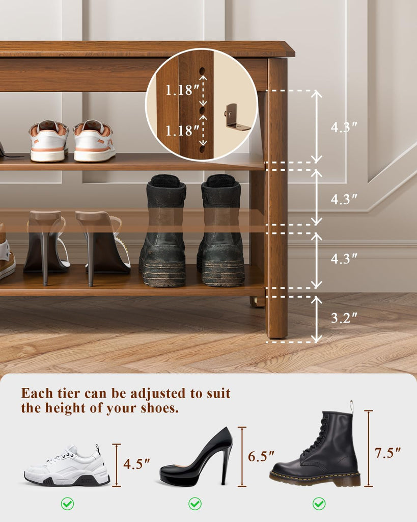 Shoe Rack Bench Seat Rubberwood 3-Tier Wooden Storage Bench 550lbs Compact Mid-Century Modern Design , Closet, Front