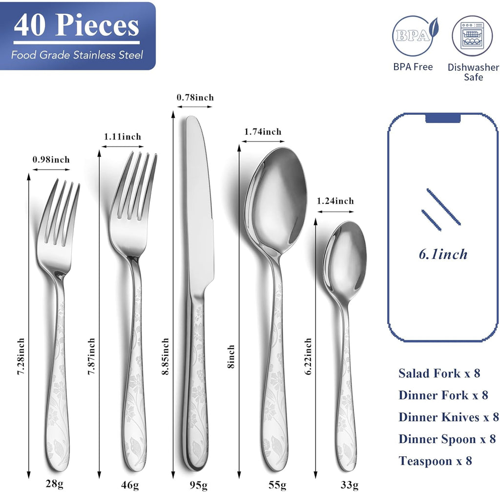 40-Piece Silverware Set Service for 8, Premium Stainless Steel Cutlery Set