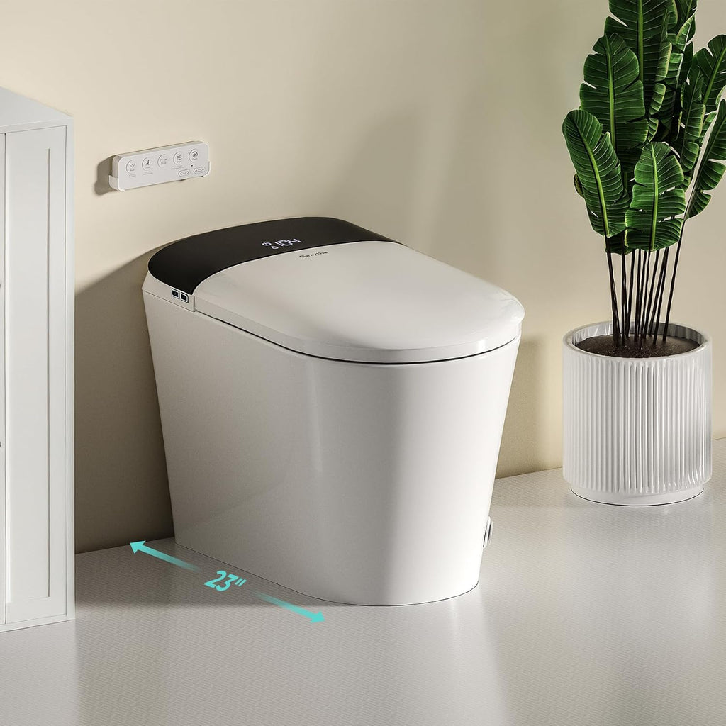 Compact Smart Toilet for Small Bathrooms, Shallow Depth Design, Foam System, Auto Open and Close Lid, 12-Inch Rough-In, Built-In Tank, Heated Seat, Foot Sensor Flush