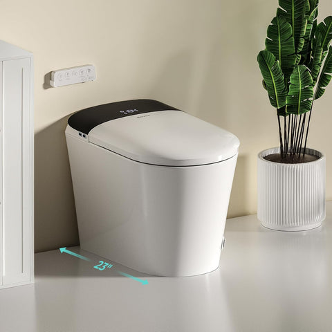 Compact Smart Toilet for Small Bathrooms, Shallow Depth Design, Foam System, Auto Open and Close Lid, 12-Inch Rough-In, Built-In Tank, Heated Seat, Foot Sensor Flush