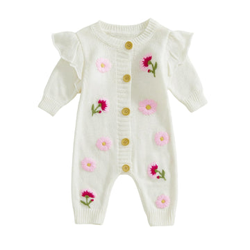 Baby Girl Sweater Coming Home Outfit Newborn Winter Clothes Long Sleeve Embroidered Knit Onesie Romper (Dandelion