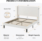Queen Velvet Bed Frame with Vertical Channel Tufted Wingback Headboard, Upholstered Platform Bed with Wood Slats