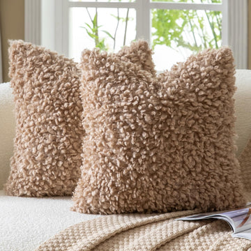 2 Pieces 26x26 Inch Khaki Faux Fur Throw Pillow Covers Boucle Decorative Sherpa Pillow Covers Thick Fuzzy Fleece