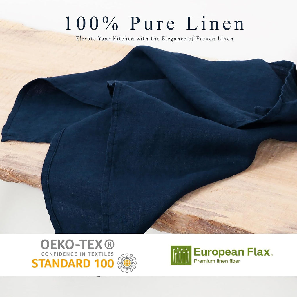 100% French Linen Tea Towels 14 x 28 Inch (Set of 4,Navy) | Soft Durable&Quick Dry Pure Linen Dish and Hand Towels