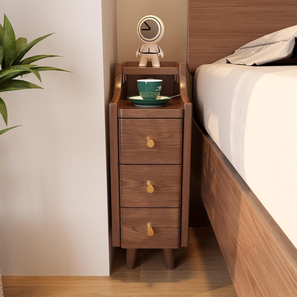 Solid Wood Narrow Nightstand with Drawers,Walnut Nightstand Wood Bedside Table Modern ,Study,Toilet