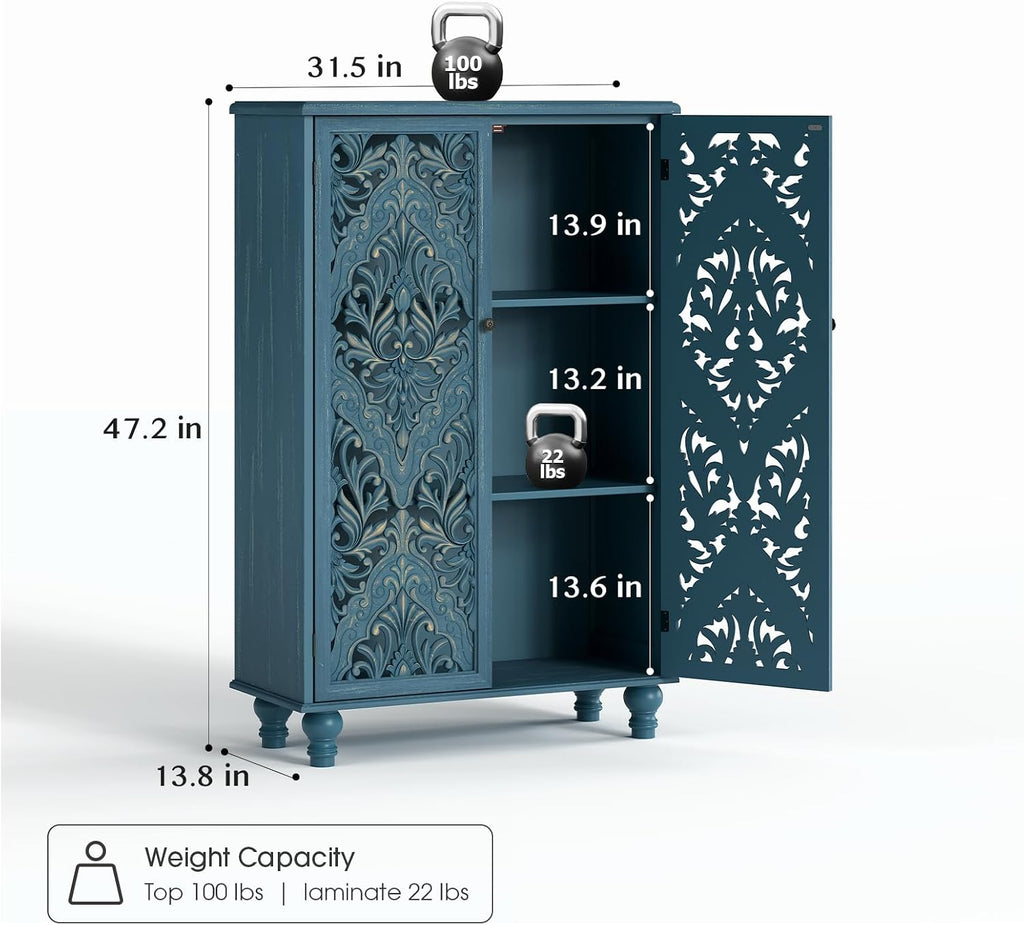Buffet Sideboard Cabinet with Hand-Carved Doors, 47" Tall Accent Cabinet , Vintage Wood Storage Cabinet with Shelves