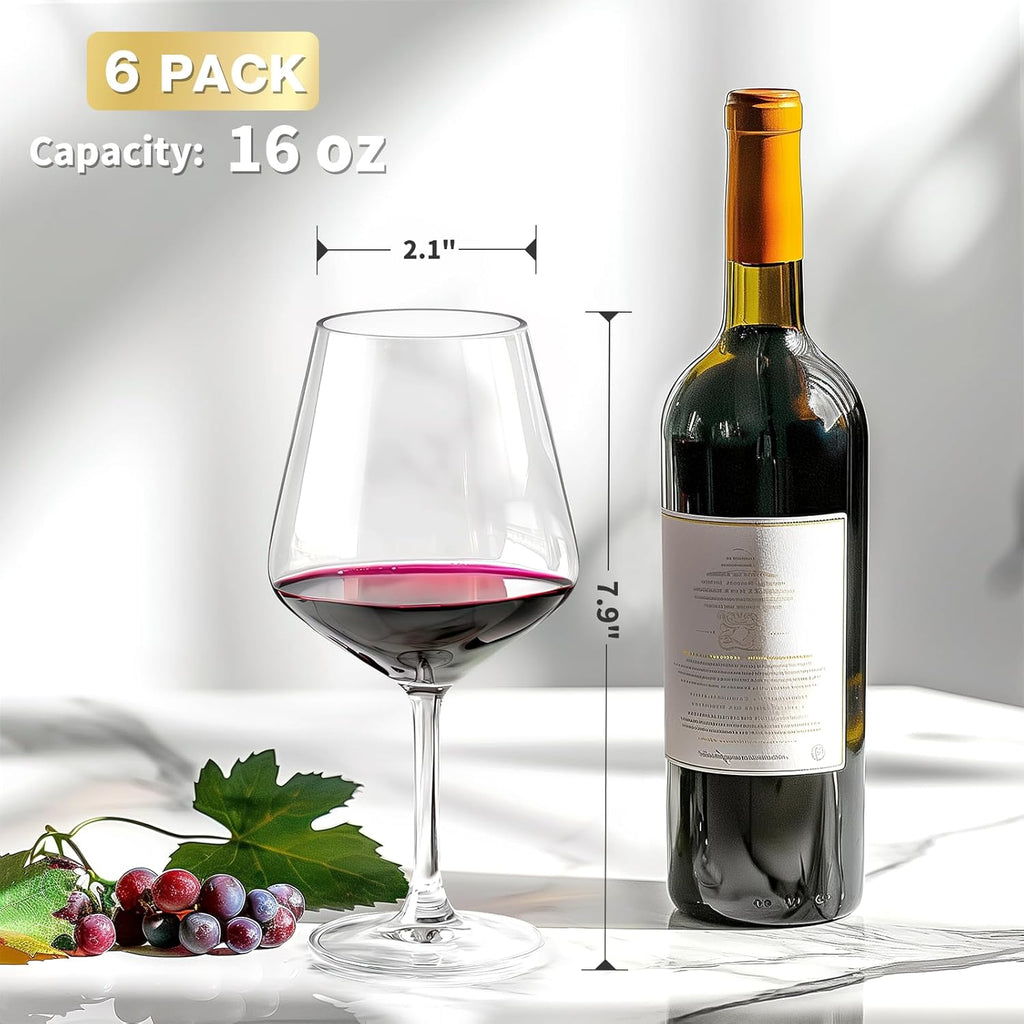 Unbreakable Wine Glasses Set of 6, 16 oz Plastic Wine Glasses with Stem, BPA Free, Reusable Wine Glass for Poolside
