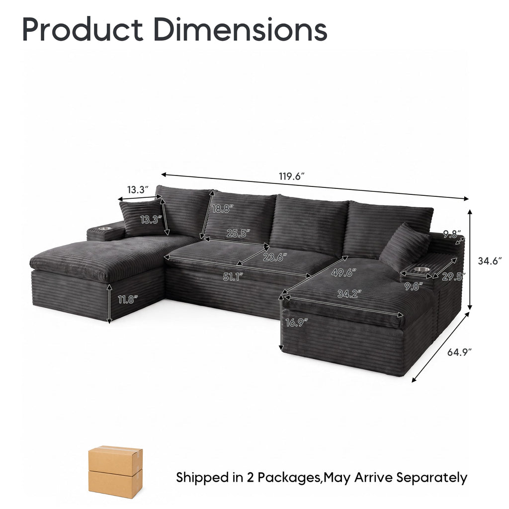 120" Modular U-Shaped Sectional Sofa, Boneless Couch, Black