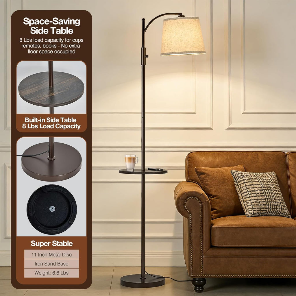 Dimmable Floor Lamp，Standing Lamp Rotary Switch with Table&Linen Beige Shade，Brown Tall Lamps with Adjust Head，9W LED