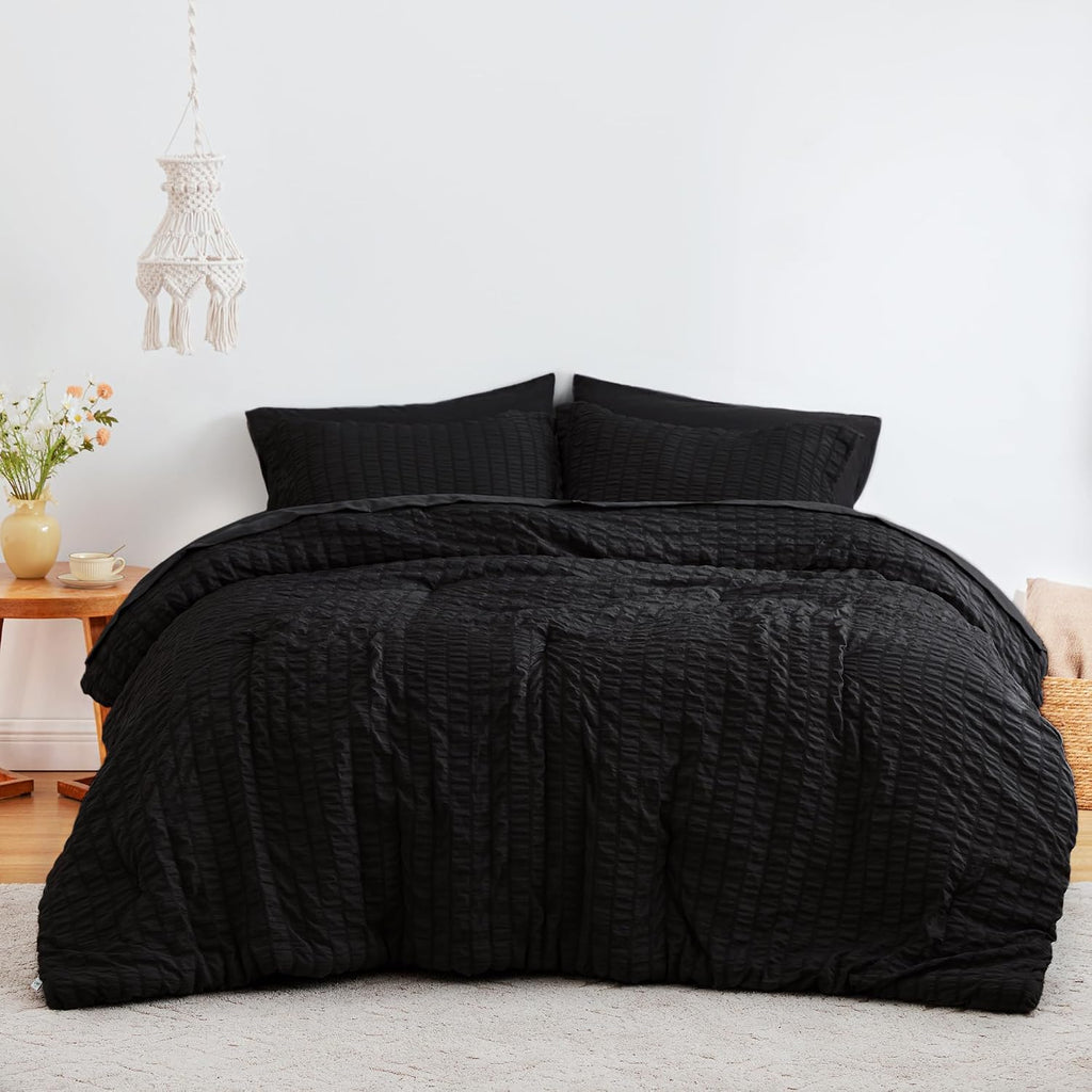 Seersucker Black Full Comforter Set, 7-Piece All Season Lightweight Bed in a Bag Bedding Set with Comforter, Flat