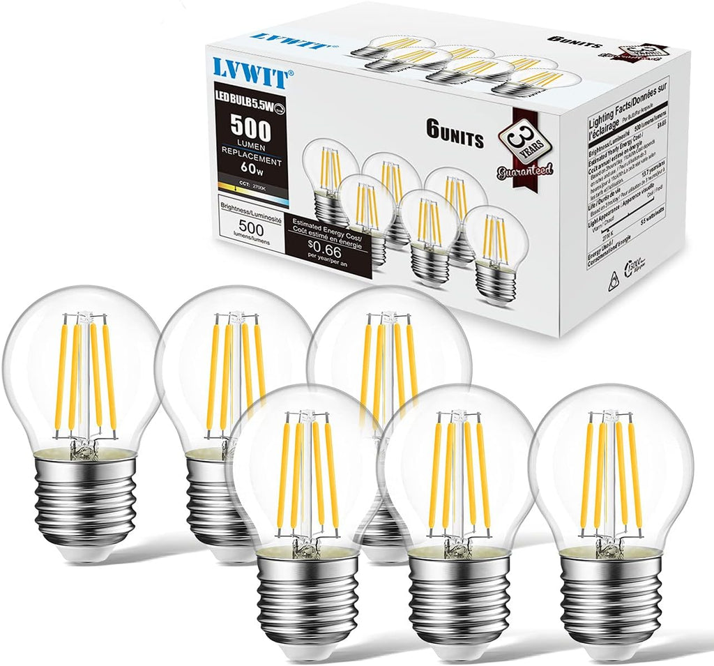 G14 LED Filament Globe Bulb 5.5W(60W Equivalent), Dimmable 2700K Warm White E26 Screw Base, Decorative Edison Light (6-Pack)