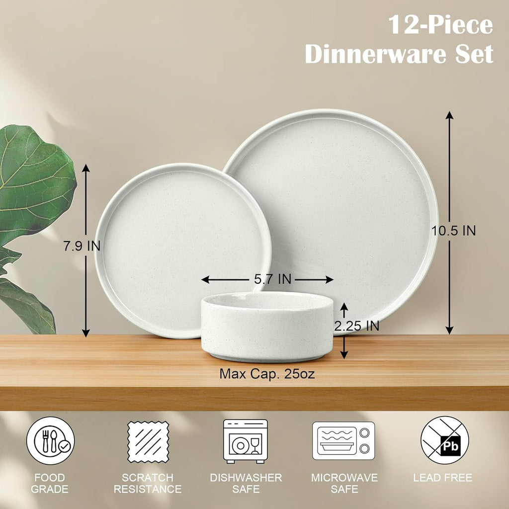 Stoneware Dinnerware Sets, 12-Piece Plates and Bowls Dish Set for 4, Kitchen Modern Dinning Dishware