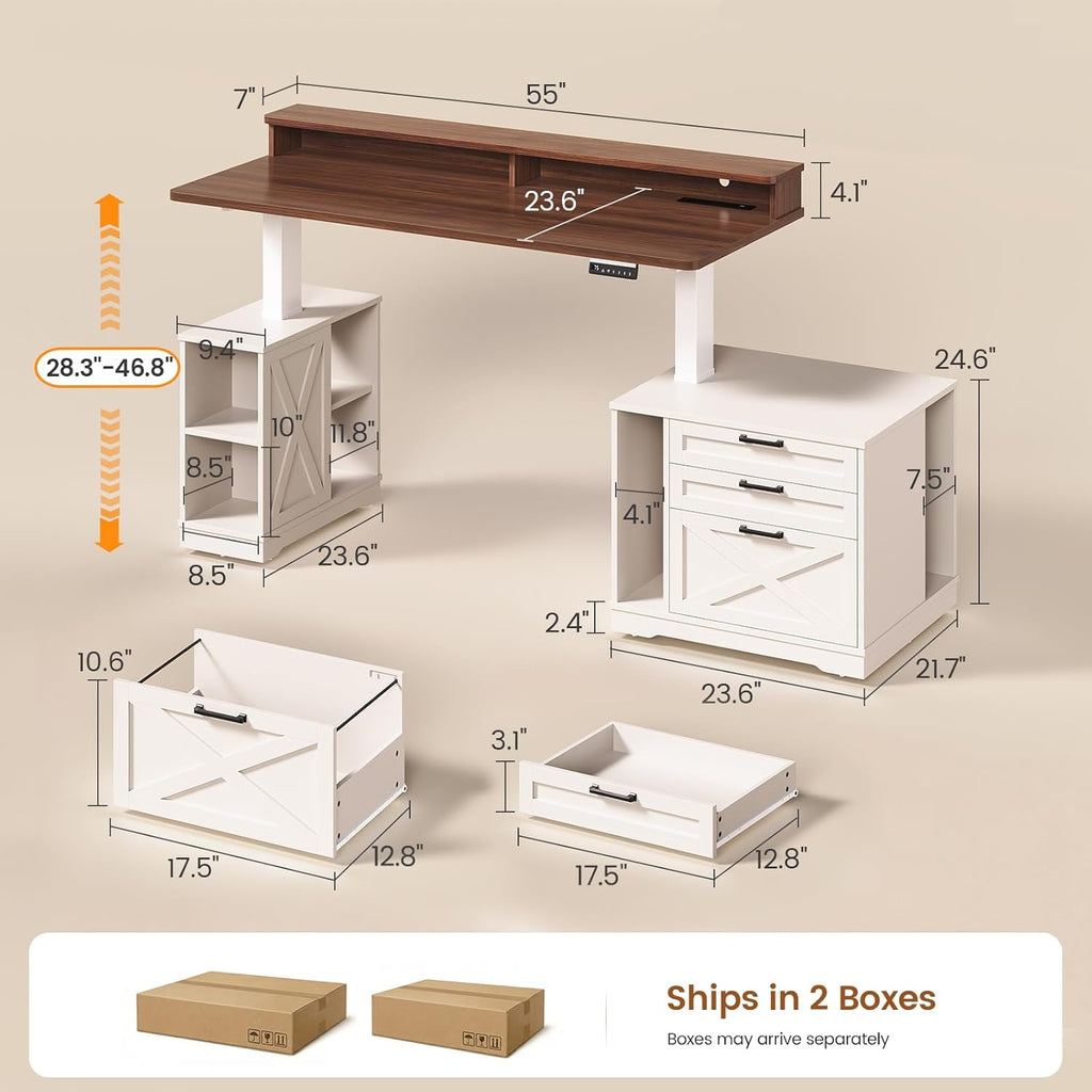 Farmhouse Electric Standing Desk, 55" Height Adjustable Computer Desk with 3 Drawers, File Cabinet, Storage Shelves