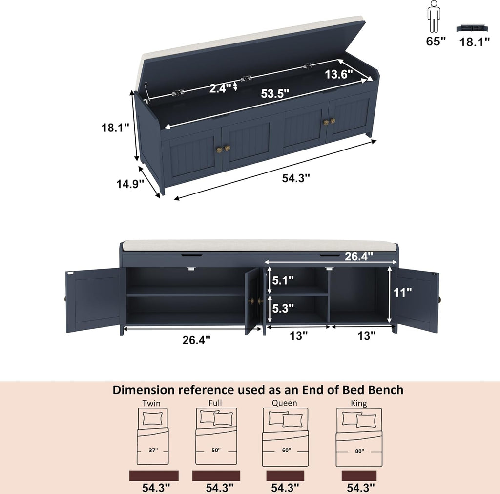 54.4" Shoe Bench with Lift Top Storage, Entryway Bench with Cushioned Seat, Wooden End of Bed Bench, Shoe Cabinet