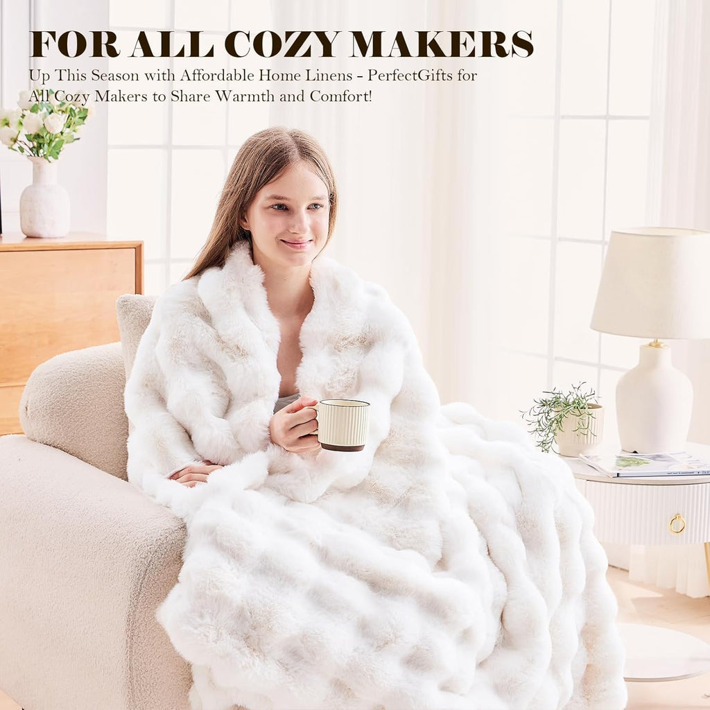 Faux Fur Throw Blanket, 1000 GSM Cozy Fuzzy Fluffy Soft Plush Thick Bubble Blanket, Mothers Day Birthday Gifts for