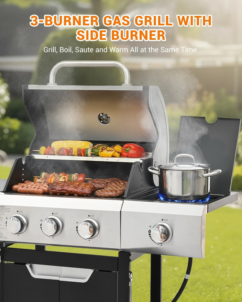 3-Burner Propane Gas Grill with Side Burner, 40,500 BTU Stainless Steel BBQ Grill with Cast Iron Grates and Wheels for Patio and Garden