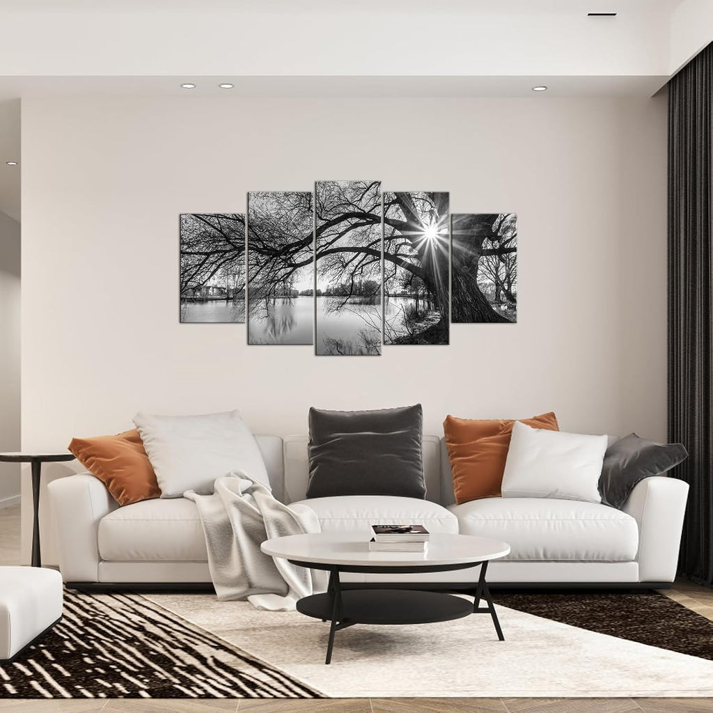 5 Pieces Wall Art Old Tree by Lake Picture Canvas Prints Sunrise Painting Black and White Landscape Canvas Art Modern