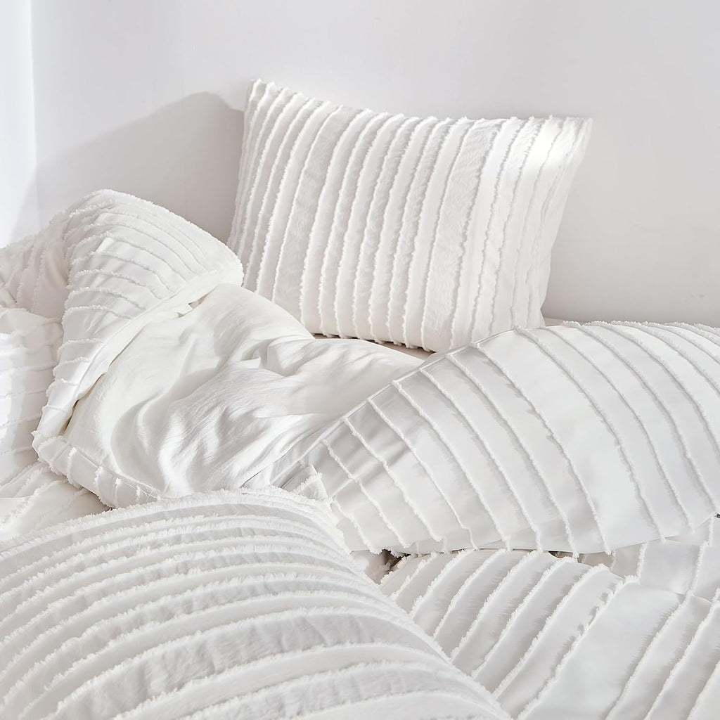 White Boho Duvet Cover Set, Striped Textured Tufted Bedding Set, 3 Pcs Ultra Soft Washed Microfiber with Zipper