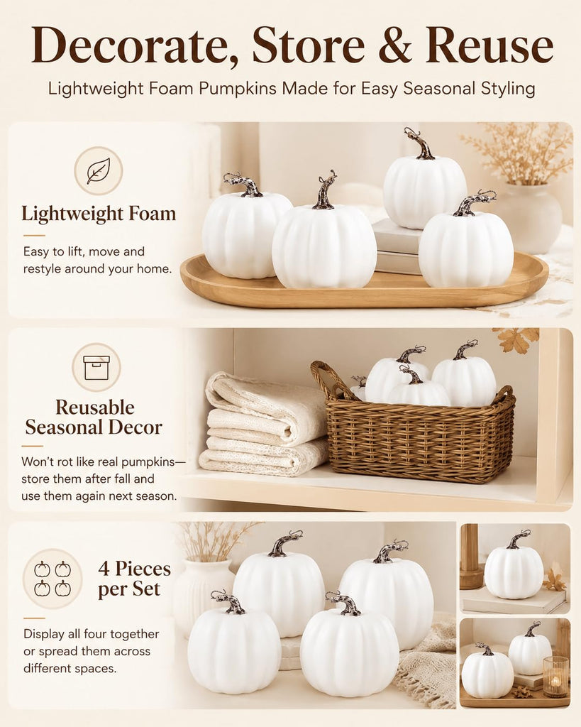 6 Inch White Artificial Pumpkins, 4 Pack