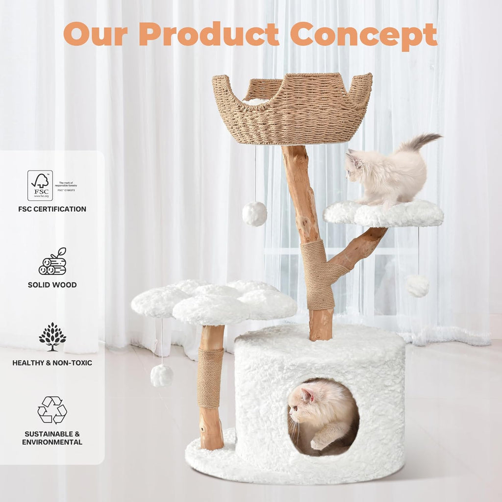 Modern Cat Tree, 40.5" Aesthetic Wood Cat Tree Tower for Large Cats