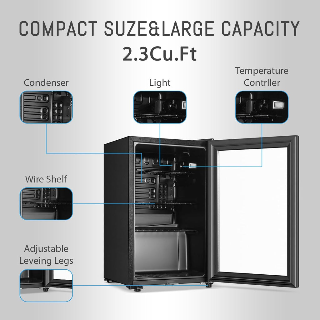 Beverage Refrigerator, 2.3 Cu.Ft, Mini Fridge with Glass Door for Soda Beer, Fre