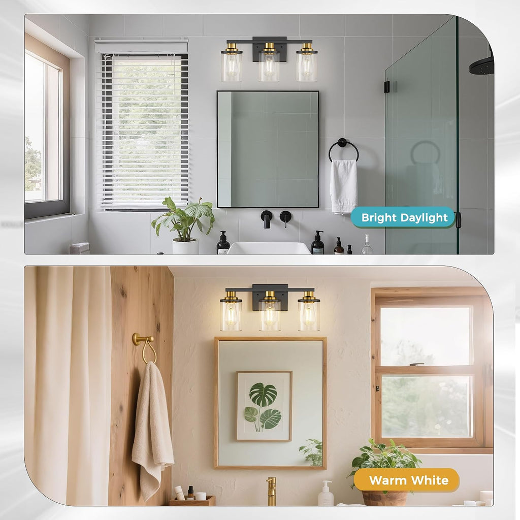 Bathroom Light Fixtures, 3-Light Black and Gold Bathroom Lights Over Mirror with Clear Glass Shade,Vanity Lights