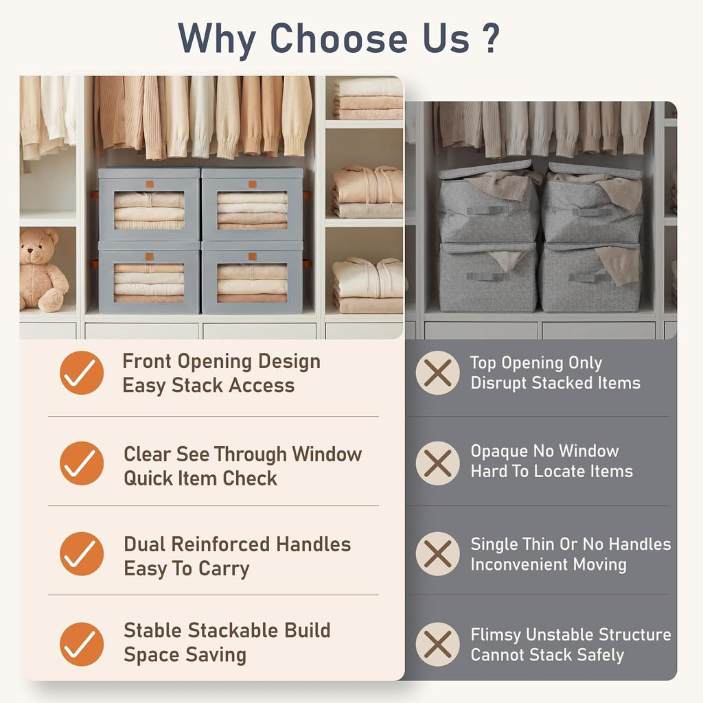 Storage Bins with Lids - 6 Pack Front Opening Stackable Fabric Storage Boxes with Clear Window & Handles, Collapsible
