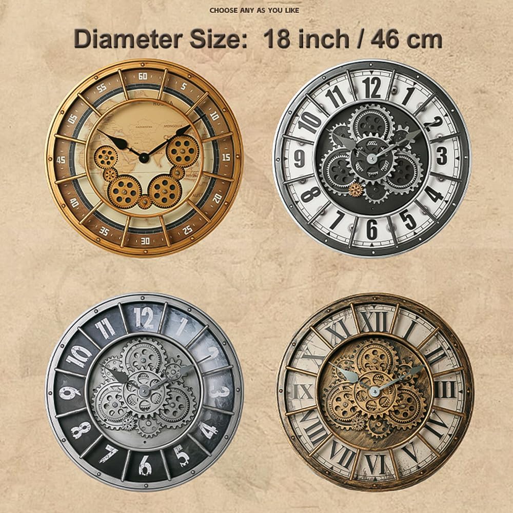 18 Inch Wall Clock with Moving Gears, Oversized Large Industrial Steampunk Decoration