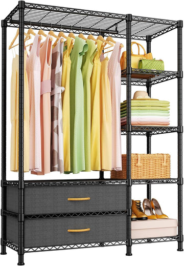 F3 Heavy Duty Clothes Rack(With Fabric Drawers)Freestanding Clothing Racks for Hanging Clothes,Adjustable Closet