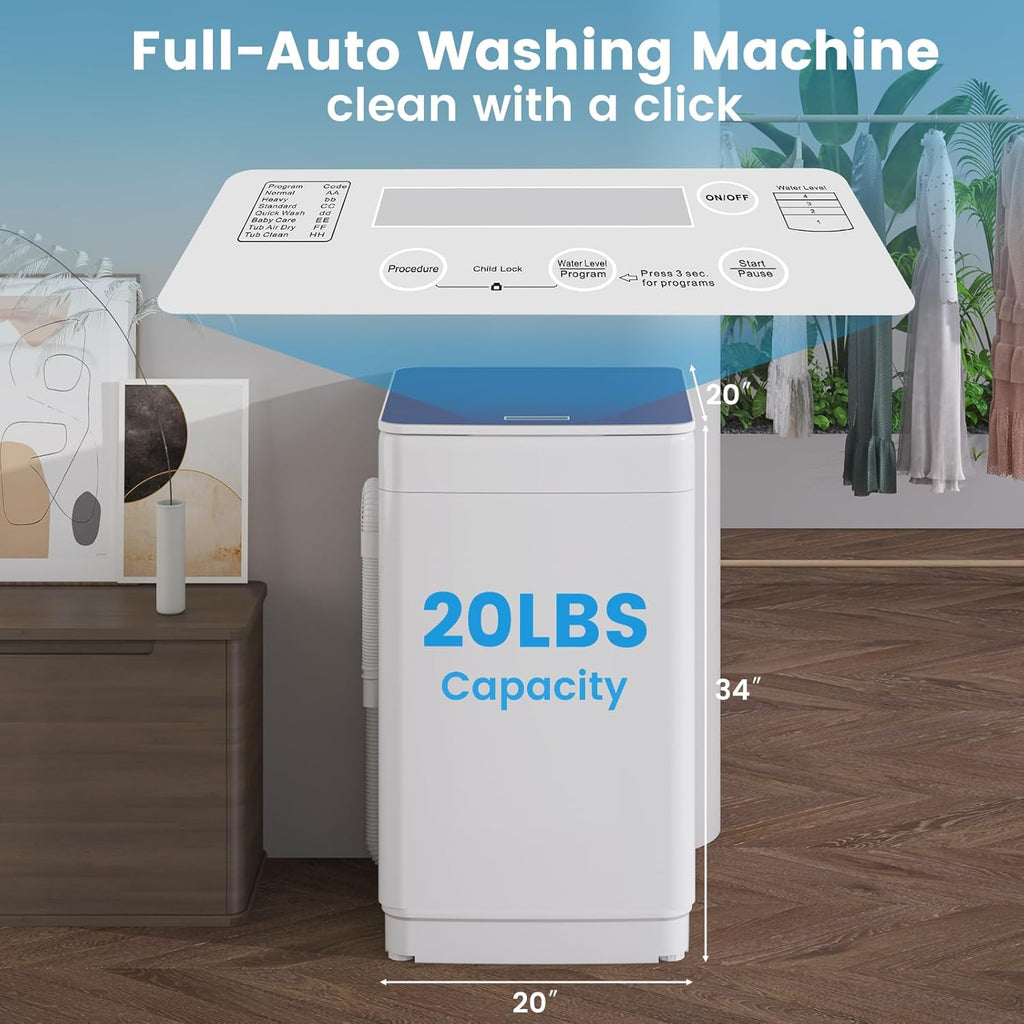 Portable Washing Machine, 20 Lbs Full-Automatic Portable Washer with 7 Wash Cycles, LED Display, Electric Laundry