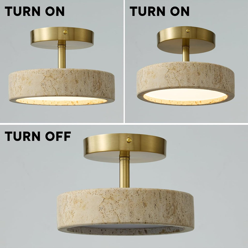 Wabi Sabi 8-inch Yellow Travertine Ceiling Light Fixture - Japanese Semi Flush Mount light with Brushde Gold Metal