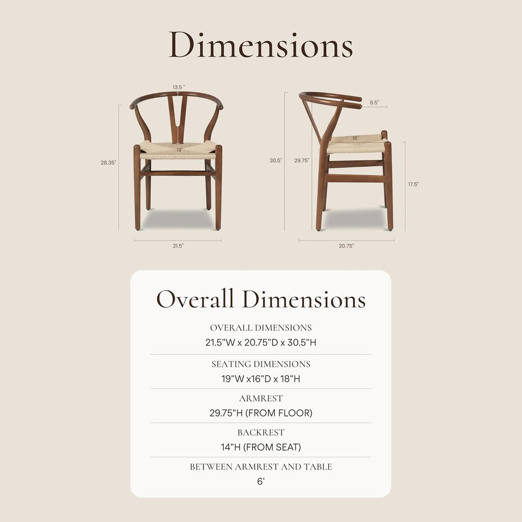 Weave Dining Chairs - Mid-Century Modern Wishbone Dining Chairs with Arms, Solid Wood Frame, Indoor Use - Walnut- Set