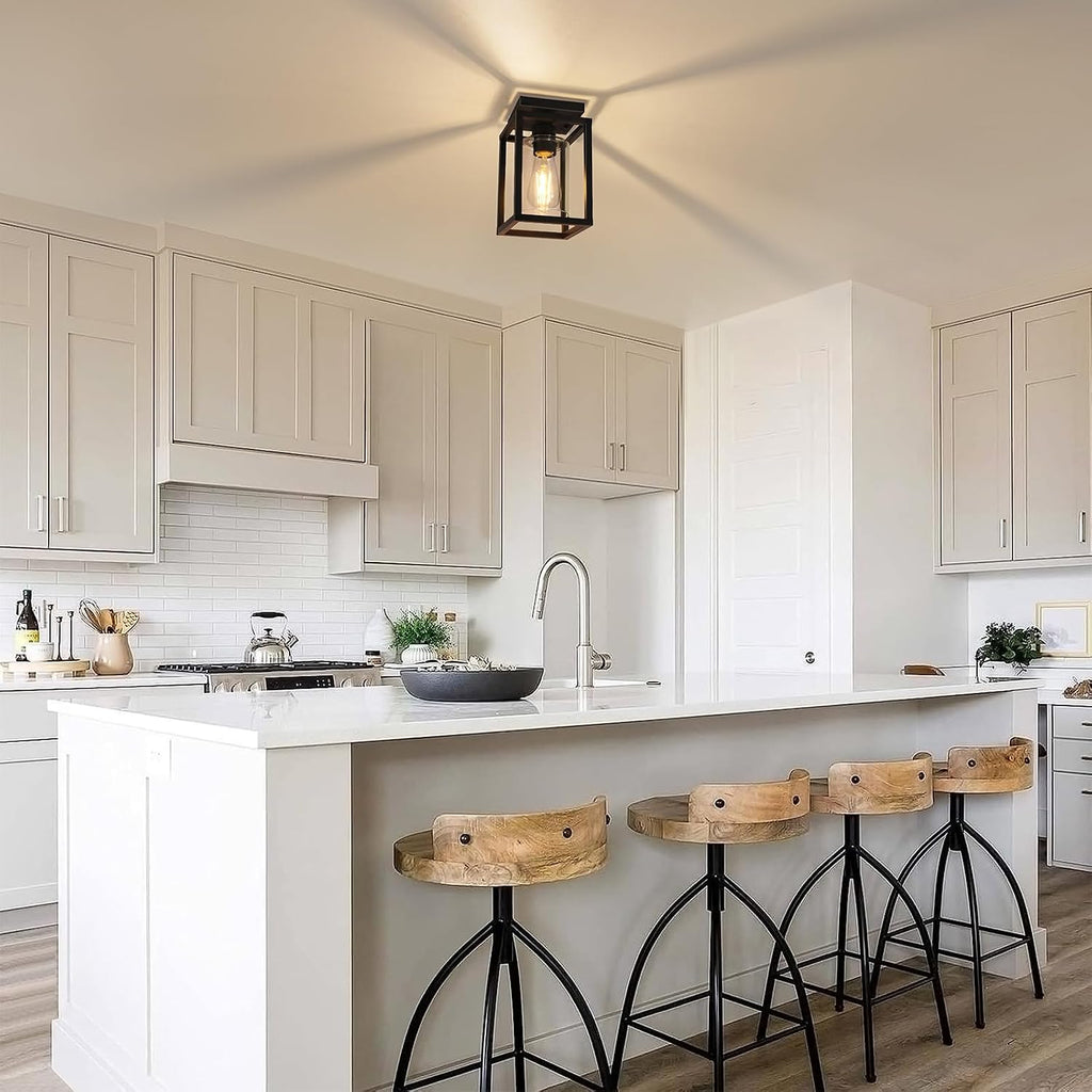 Semi Flush Mount Ceiling Light Fixture, Black Metal Frame Porch Ceiling Light Fixture with Clear Glass Shade and E26