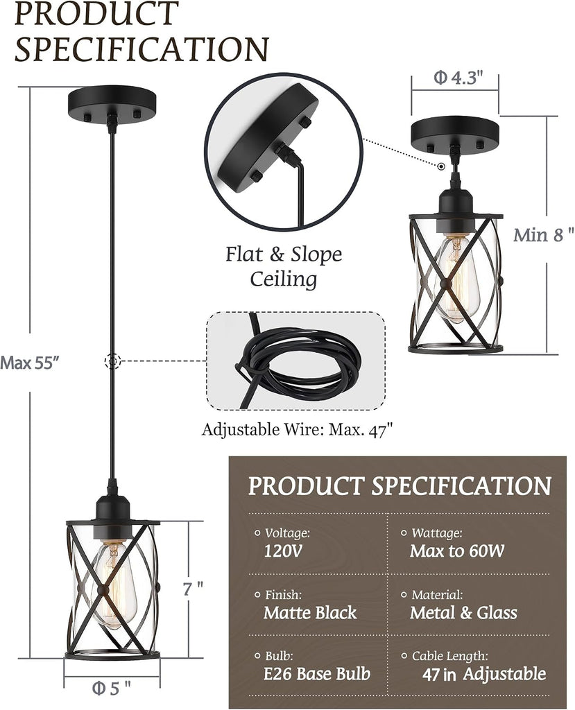 Glass Pendant Lights Kitchen Island 2 Pack, Black Mini Pendant Light with Clear Glass, Farmhouse Industrial Cage