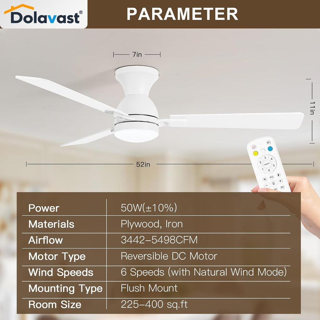 Ceiling Fans with Lights and Remote, 52 Inch Ceiling Fan with Light, Low Profile Reversible Ceiling Fans