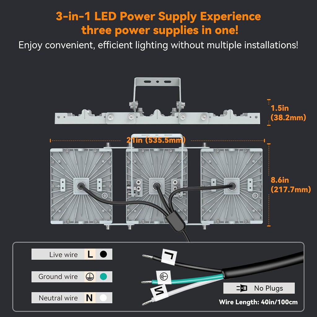 300W LED Outdoor Flood Light, 30000LM Super Bright Stadium Light, 6000K Daylight White, IP66 Waterproof 3 Heads