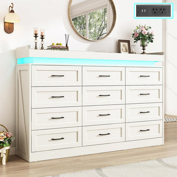 71" Wide 46" Tall Large Farmhouse 12 Drawers Dresser with LED Light and Power Outlets, Wood Rustic 12 Chests of