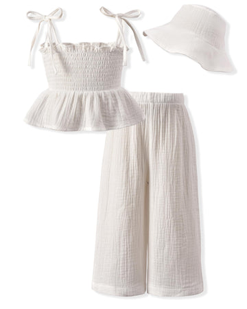 Toddler Girls Summer Clothes Halter Smocked Outfit Linen Sleeveless Clothing White