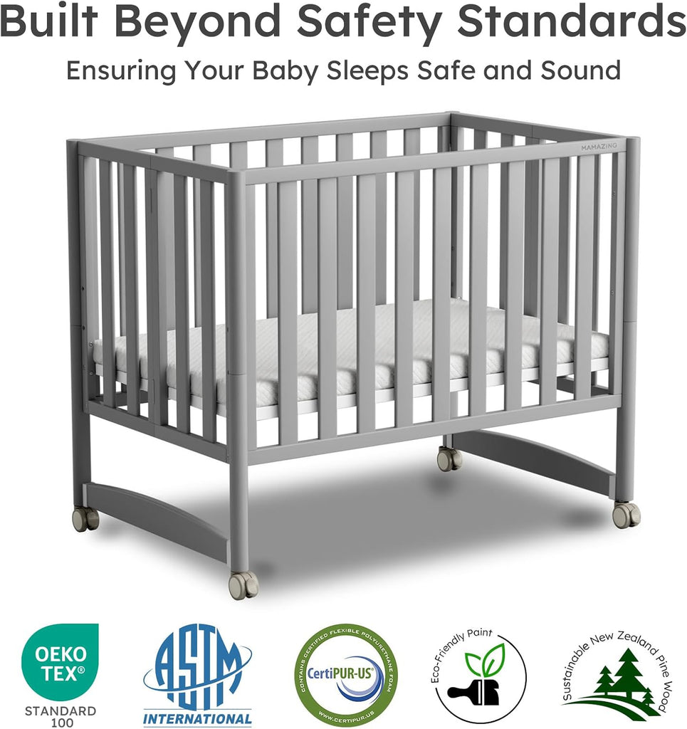 7-in-1 Convertible Baby Mini Crib with Wheels | GREENGUARD Gold Certified, New Zealand Pine Wood, 4