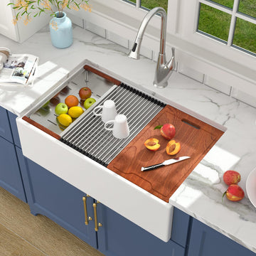 White Farmhouse Sink - 33 Inch Kitchen Sinks Workstation Apron Front Fireclay 33"x20" Porcelain Ceramic Single Bowl