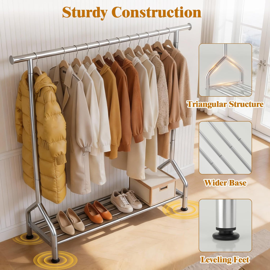 Sturdy Clothing Racks with Shelf, Metal Clothes Rack with Leveling Feet for Hanging Clothes, Freestanding Garment
