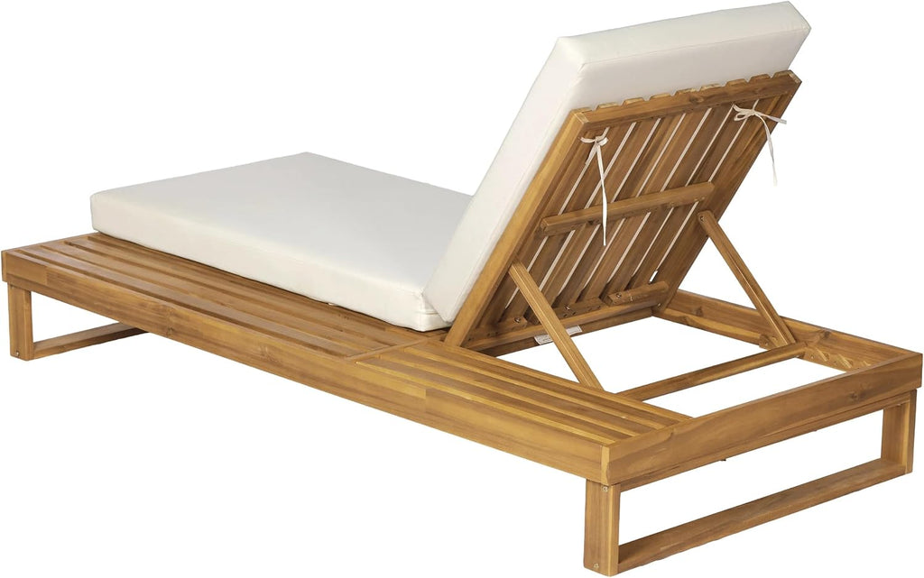 Acacia Wood Chaise Lounge Chair with 3-Fold Cushion, Outdoor Chaise Lounge with 4-Position Adjustable Backrest