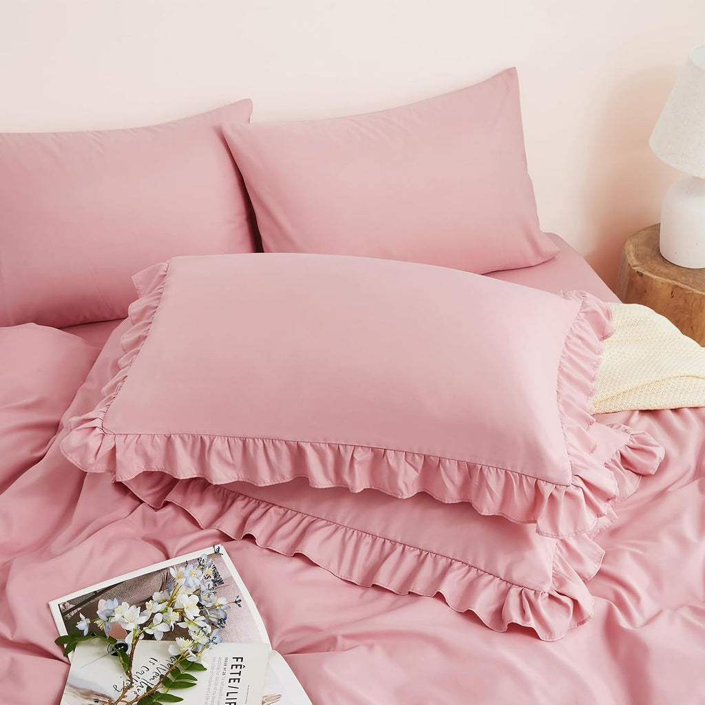 2 Pack Pink Ruffle Euro Shams 26" x 26" Ruffle Square Pillow Covers Ultra Soft Microfiber Ruffled Fringe Pillow Shams