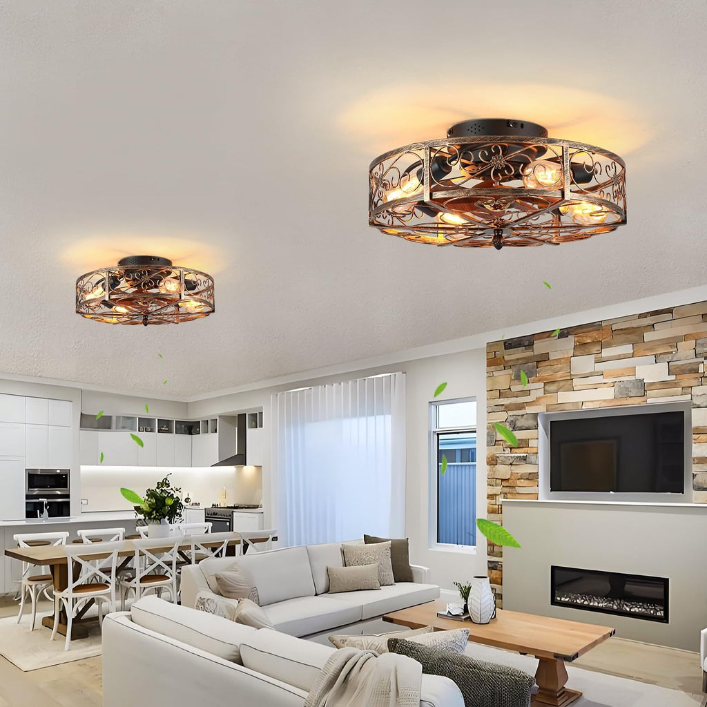 20'' Caged Ceiling Fan with Lights and Remote Control,Small Farmhouse Bladeless Low Profile Ceiling Fans Lights