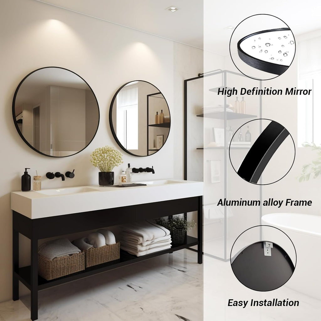 Black Round Mirror, Round Mirror 24 inch, Black Circle Mirrors Matte Metal Frame, Wall Mounted Mirrors , Wall, Entryway.
