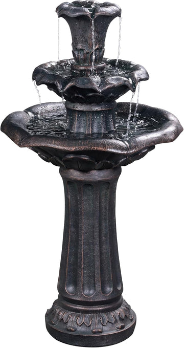 Lily Flower Floor Pedestal 3 Tiered Floor Waterfall Fountain with Pump Patio Garden Backyard Decking, 38 Inch Height