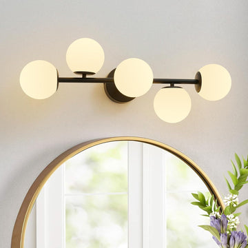 27" Mid Century Modern White Globe Black LED Bathroom Vanity Light | Matte Black Finish, Sleek Mid Century Modern